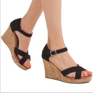 Toms Strappy Black Canvas Wedge